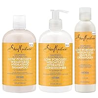 Shampoo and Conditioner Set (13 Oz Ea) + Detangler (8 Oz), Low Porosity Hair Products, Baobab and Tea Tree Oil 3pc Bundle, Soften and Balance, Curly Hair Products