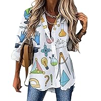 Science Or Chemistry Elements Long Sleeve Shirts for Women Irregular Hem Button Down Blouse Loose V Neck Tees Top