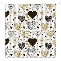 Hearts Shower Curtain Romance Valentine's Day Black and Doodle Style Hearts Gold Love on White Backdrop Bathroom Curtain 70×70 in with Hook