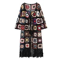 Colored Plaid Flower Hand Crochet Cardigan Vintage Woman V Neck Lacing Up Hem Tassel Long Sweater Knitwear