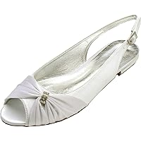 Womens Wedding Shoes Flat Heel with Shiny Rhinestones Slip On Peep Toe Bridal Pleated Slingback Pumps