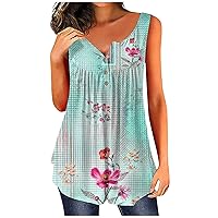 Summer Tank Tops for Women Loose Fit Pleated Henley Sleeveless Tops Curved Hem Flowy Floral Tunic Tops