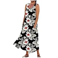 Dresses for Women 2024 Casual Round Neck Floral Print Dresses with Pockets Beach Sleeveless Flowy Long Dress