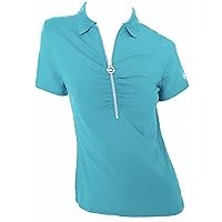Michael Kors Womens Short Sleeve Shirt Silver Zipper MK Logo BRT Cyan Blu