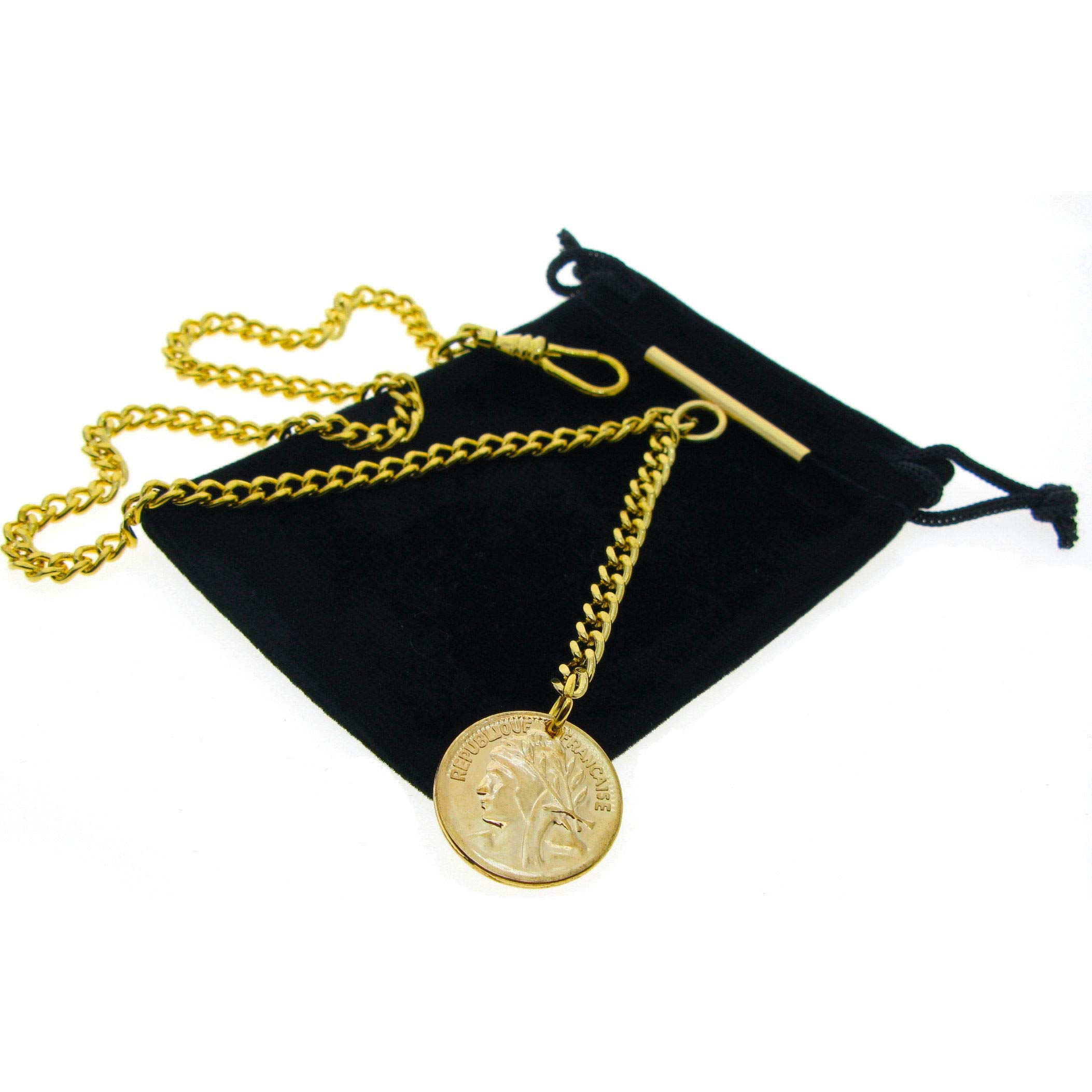 Albert Chain Gold Color Pocket Watch Chains for Men with T Bar Swivel Clasp and Ancient France Coin Design Medal Fob AC78