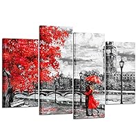 KREATIVE ARTS 4pcs Contemporary Wall Art Black White and Red Umbrella Couple in Street Big Ben Oil Painting Printed on Canvas Romantic Picture Framed Artwork Prints for Walls Decor 48x33inch
