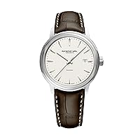 RAYMOND WEIL Maestro Men's Automatic Watch, Ivory Dial with Silver Indexes, Stainless Steel, Genuine Brown Leather Strap, 39.5mm (Model: 2237-STC-65011)