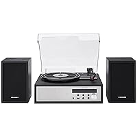 Crosley CR7022A-BK Sloane 3-Speed Bluetooth Turntable and FM Radio Shelf System with Matching Stereo Speakers, Black