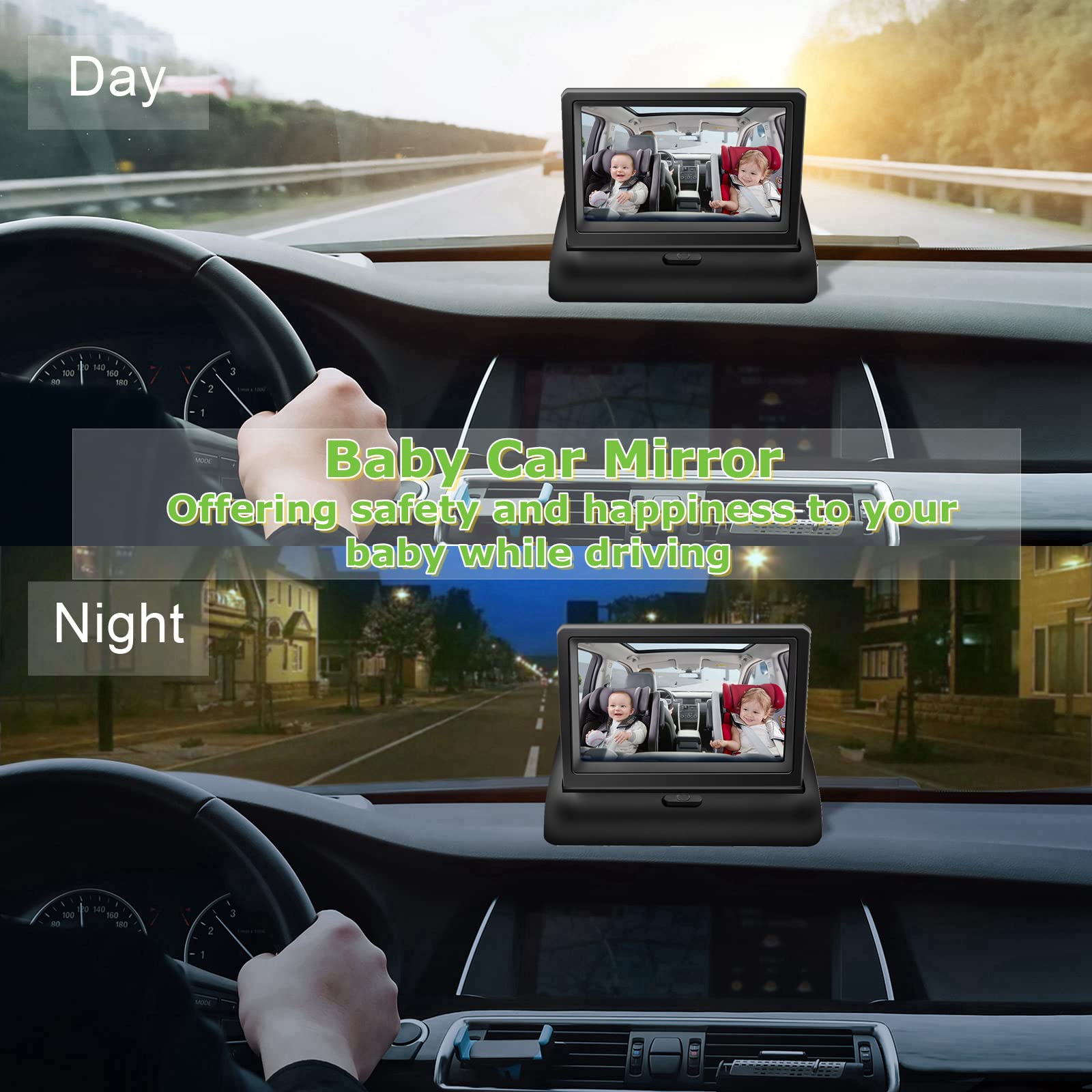 CarThree Baby Car Mirror, 4.3Inch HD Night Vision Car Mirror Display, Safety Car Seat Mirror Camera Monitored Mirror with Wide Crystal Clear View, Easily Observe Baby's Every Movement While Driving