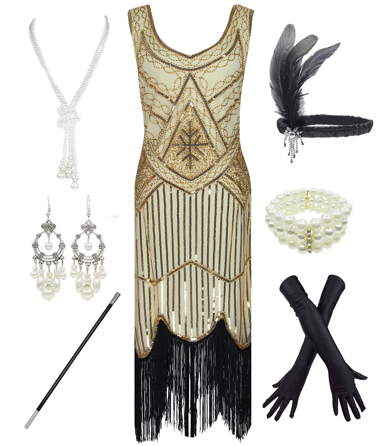 1920s Gatsby Sequin Fringed Paisley Flapper Dress with 20s Accessories Set