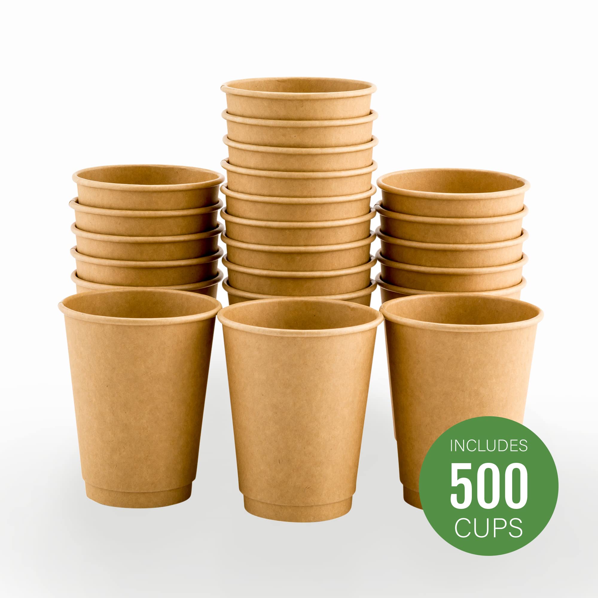 Restaurantware 500-CT Disposable Kraft 12-oz Hot Beverage Cups with Double Wall Design: No Need for Sleeves-Perfect for Cafes-Eco Friendly Recyclable Paper-Insulated-Wholesale Takeout Coffee Cup