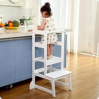 Adjustable Height Kitchen Step Stool, Kids Helper Learning Stool Toddler Tower with Safety Rail for Kitchen Counter, Montessori Kitchen Stool (White)