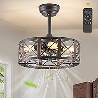 16in Caged Ceiling Fans with Lights and Remote, Bladeless Fandelier Ceiling Fan with 6 Speeds and Timing, Farmhouse Samll Fan Lights Ceiling Fixtures for Kitchen, Bedroom, Outdoor-Walnut