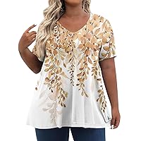 Lightweight Blouse Plus Size Lightweight Blouse Plus Size Womens Work Tops Women's Fashion Casual Short Sleeve Print V Neck Pullover Blouses Shirts 22-Yellow 4X-Large