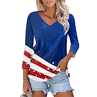 Flag Tee Shirt for Women 4th of July Memorial Day Gift Shirt Casual 3/4 Sleeve American Proud T-Shirt Tops