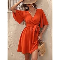 2023 Women's Dresses Surplice Neck Butterfly Sleeve Belted Dress Women's Dresses (Color : Orange, Size : X-Large)