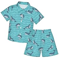 visesunny Toddler Boys 2 Piece Outfit Button Down Shirt and Short Sets Blue Whale Wave Boy Summer Outfits