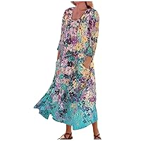 Spring Dresses for Women 2024 Printed 3/4 Sleeve Dresses with Pocket Flowy Swing Beach Dress Casual Vacation Dress