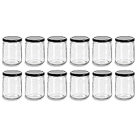 North Mountain Supply 16 Ounce Glass Wide Mouth Straight-Sided Canning Jars - with Black Metal Safety Button Lids - Case of 12