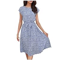 Women's Elegant Vintage Casual Floral Print Work Party A-Line Swing Dress Cap-Sleeve Crewneck Pleated Dress with Belt