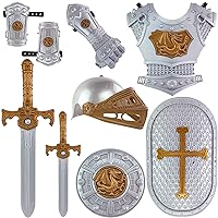 Medieval Knight in Shining Armor, Kids Pretend Role Play Plastic Costume Dress Up Cosplay with Toy Swords, Shield, Weapons & Accessories Playset