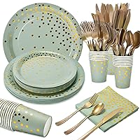 Sage Green Party Supplies, Disposable Dinnerware Set Serves 15, Sage Green Paper Plates Napkins Cups, Gold Plastic Forks Knives Spoon for Baby Shower Bridal Wedding Easter Colorful Birthday Party
