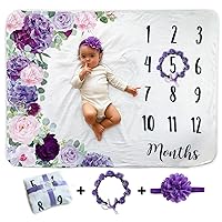 Baby Monthly Milestone Blanket | Includes Floral Wreath & Headband | 1 to 12 Months | Extra Soft Fleece | Best Photography Backdrop Photo Prop for Newborn | Baby Girl