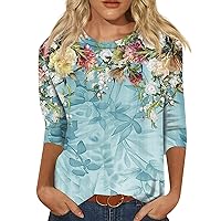 Dressy Tops for Women,3/4 Length Sleeve Womens Tops Print Graphic Round Neck Tees Blouses Womens Tops Casual