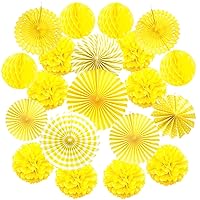 Hanging Paper Fan Set, Tissue Paper Pom Poms Flower Fan and Honeycomb Balls for Birthday Baby Shower Wedding Festival Decorations - Yellow
