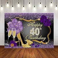 Happy 40th Birthday Backdrops Shining Purple Dots and Gold Frame Photography Background for Party Decorations Rose Floral Balloons Heels Champagne Glass Party Banner Supplies Photo Studio Props 7x5ft