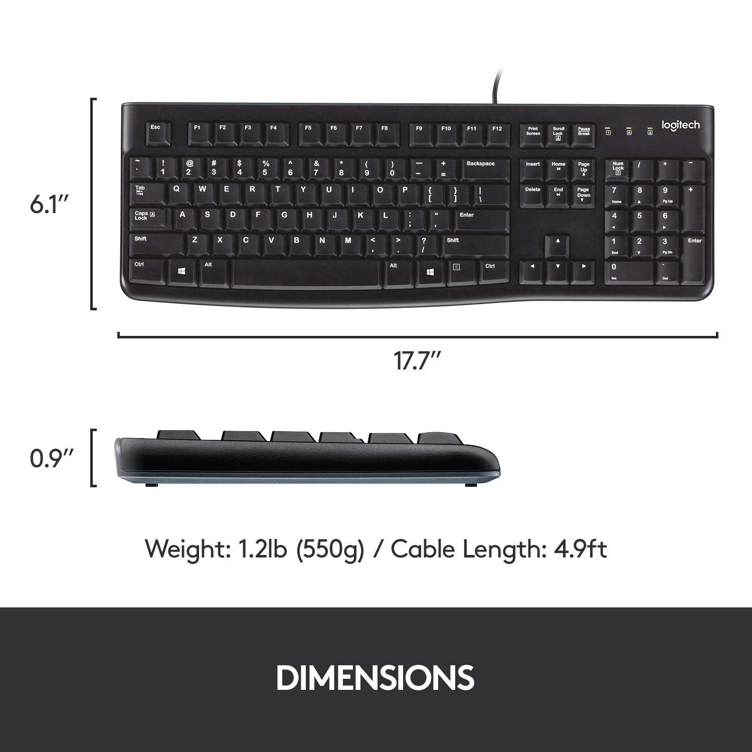 Logitech K120 Wired Keyboard for Windows, Plug and Play, Full-Size, Spill-Resistant, Curved Space Bar, Compatible with PC, Laptop - Black