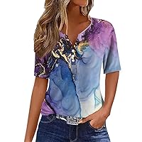 Womens Tops V Neck Printing Y2k Tops Button Down Short Sleeve Casual Tunic Tops Vacation Loose Blouses Clothes