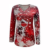 Christmas Tops Fashion Wine Glass Snowflake Printed Long Sleeve Shirt Pullover Casual Loose V Neck Xmas Tees Blouse