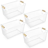 4 Pcs Metal Wire Basket with Wooden Handles Mesh Steel Storage Baskets Organizer Bin Basket Containers for Home Cabinet Pantry Closet Kitchen Fridge Fruit Makeup Snack Gift (White,Large)