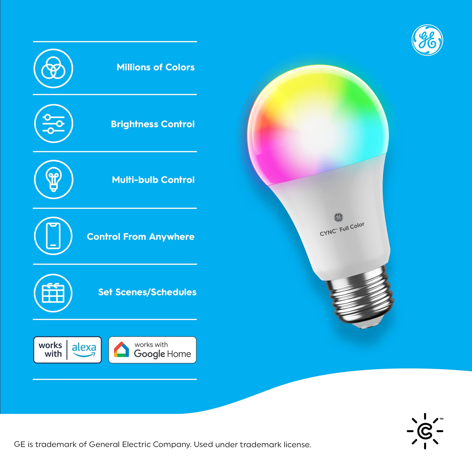 GE Lighting CYNC Smart LED Light Bulb, Color Changing Lights, Bluetooth and Wi-Fi Lights, Works with Alexa and Google Home, A19 Light Bulb (1 Pack)