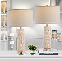 Set of 2 Contemporary Table Lamp, Ceramic Bedside Lamps with 3 Color Temperature, 27.5'' Nightstand Lamp Sets with USB Ports Linen Fabric Shade End Table Lamps for Living Room Bedroom, Bulb Included