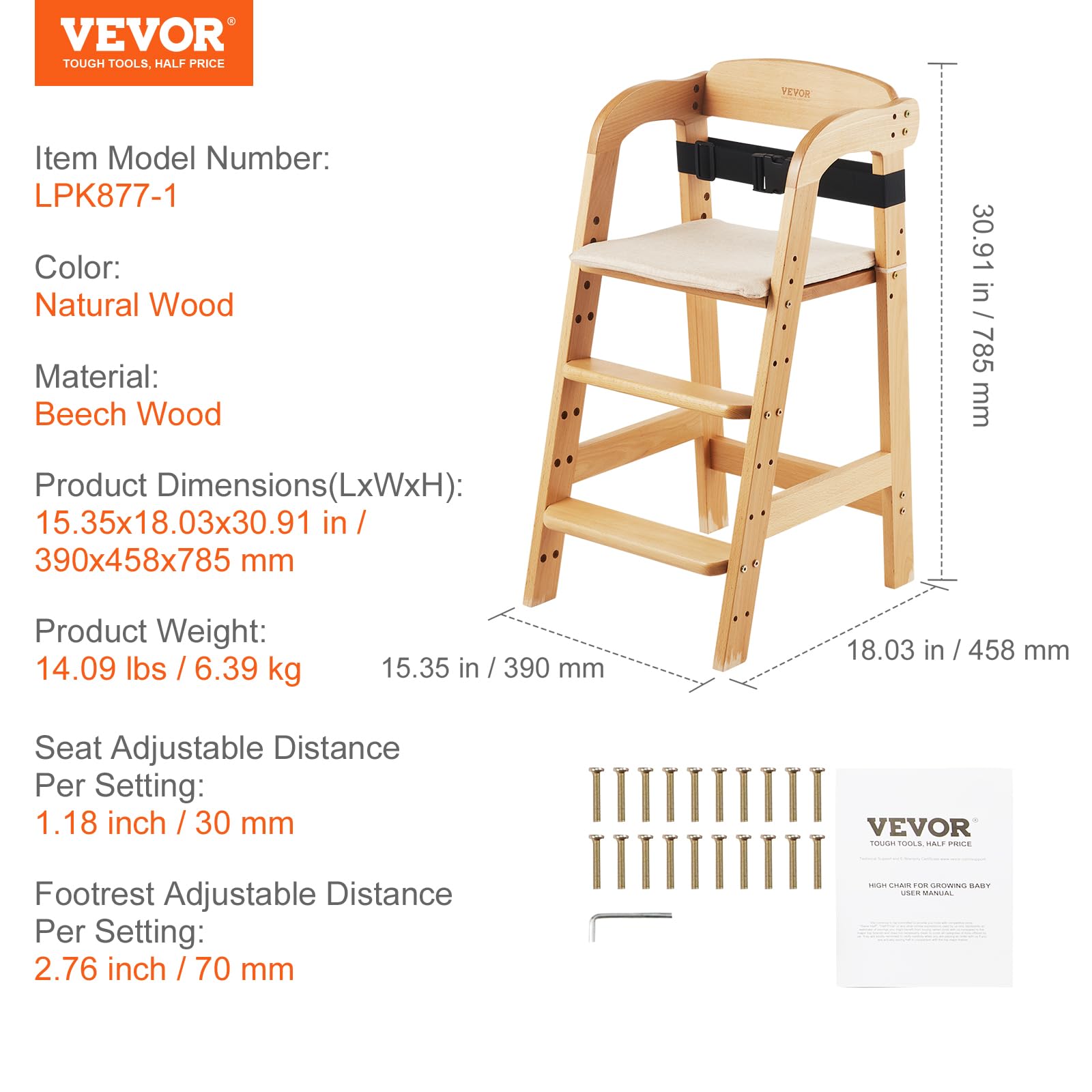 VEVOR Wooden Convertible Adjustable Feeding, Eat & Grow High Cushion, Portable Baby Dining Booster Seat, Beech Wood Toddler Chair, Natural
