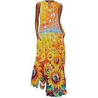 Women's Summer Casual Dress Sleeveless V Neck Long Tank Dresses Vintage Floral Print Maxi Beach Dress with Pockets