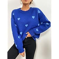 Women's Sweater Heart Pattern Drop Shoulder Sweater Sweater for Women (Color : Royal Blue, Size : Medium)