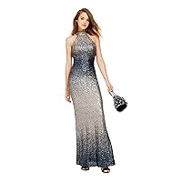 Betsy & Adam Long Dress with Ombre Sequins and Mock Neck