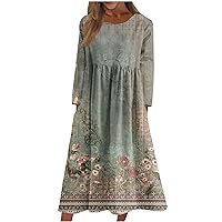 Women's 2023 Fall Dresses Casual Long Sleeve Round Neck Floral Printed Midi Dress Vintage Pocket Dress