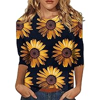 Women Going Out Tops Casual Crew Neck Floral Tees 3/4 Sleeves Shirts Spring Summer Fashion Tees Blouse