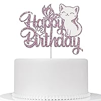 Cat Happy Birthday Cake Topper, Butterfly Cake Topper, Kitten Pet Themed Birthday Cake Topper, Cute Meow Pawty Birthday Party - Boy Girl Baby Shower Party Decoration - Purple&White Glitter