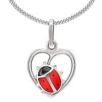 Clever Shmuck Set Silver Children Pendant Small Heart 10 mm Ladybird Lateral Squatting Red & Black Lacquered Shiny & Necklace Shell 38 cm Sterling Silver 925 for Girls
