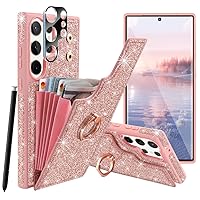 Samsung Galaxy S23 Ultra Case,S23 Ultra Case Wallet,Glitter Sparkle 5 Card Holder Kickstand 360°Rotation Ring with 1xCamera Lens Protector Shockproof Protective Galaxy S23 Ultra Case,6.8Inch,Rose Gold