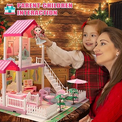 Mini Tudou Dollhouse Dreamhouse for Girls, Doll House with Lights, Play Mat and Dolls, DIY Building Pretend Play House with Accessories Furniture and Household Items,Playhouse for Girls 3-12 (3 Rooms)