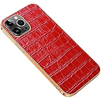 Case for iPhone 14/14 Plus/14 Pro/14 Pro Max, Classic Crocodile Pattern Genuine Leather Slim Flexible Plated TPU Bumper Back Cover Camera Protection Phone Case,14 Pro Max,Red