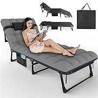 Slendor 3 in 1 Folding Camping Cot Bed, 5 Positions Adjustable Patio Chaise Lounge Chair, Portable Sleeping Cots for Adults with Storage Bag for Bedroom, Pool, Patio, Black Cot + Gray/Blue Pad