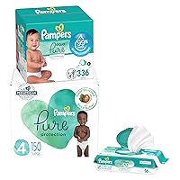 Pampers Pure Protection Disposable Baby Diapers Size 4, One Month Supply (150 Count) with Aqua Pure Baby Wipes, 6X Pop-Top Packs (336 Count)