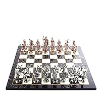 Historical Antique Copper Rome Figures Metal Chess Set for Adults, Handmade Pieces and Marble Design Wood Chess Board King 4 inc